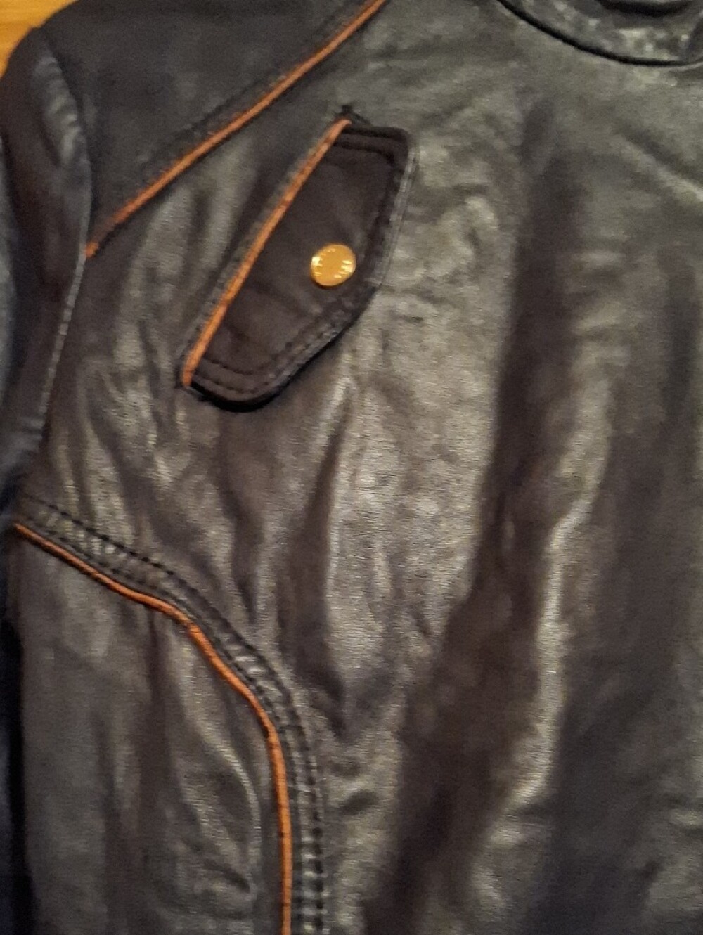 Michael Kors Navy Leather Moto Jacket with Tan Contrast Trim - Picture 3 of 15